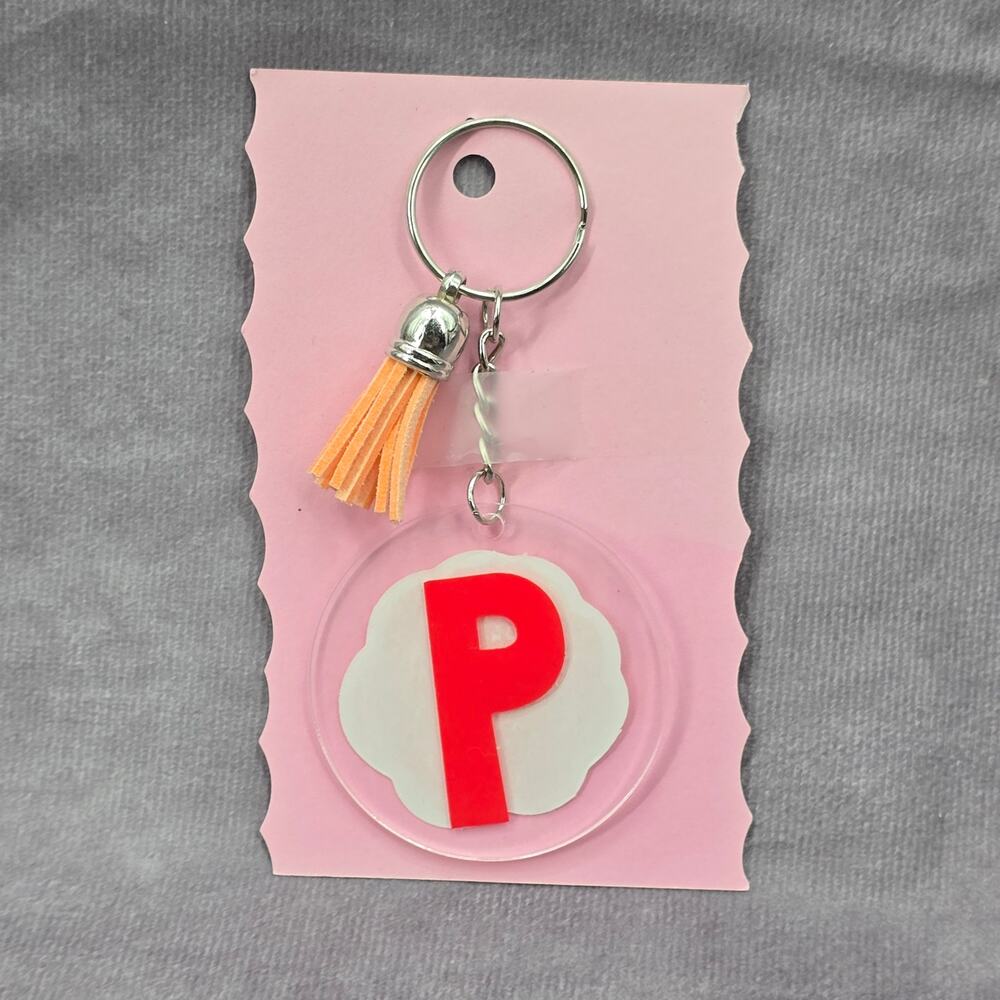 Letter Keychain Clear Silver Circle Handmade Acrylic Tassel Flower‎ P Orange